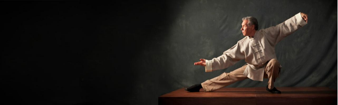Taichi practitioner demonstrating a traditional low stance with extended arms. Taichi practitioner demonstrating a traditional low stance with extended arms.