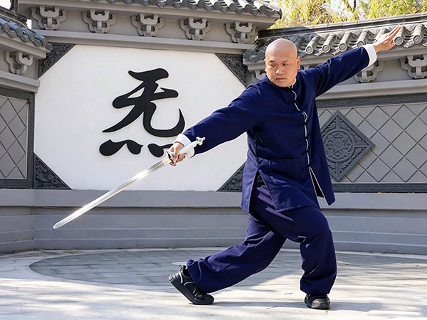 Master Shen Jiangfei demonstrating a straight sword (Jian) technique in a traditional courtyard. Master Shen Jiangfei demonstrating a straight sword (Jian) technique in a traditional courtyard.