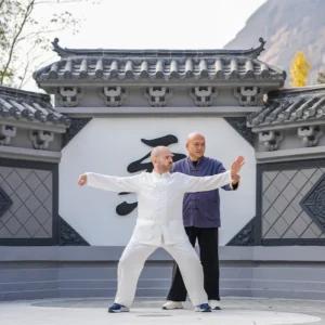 foreign student pratising tai chi under the help of tai chi master shen jiangfei