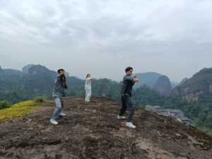 students pratising tai chi moves with tai chi master shen jiangfei
